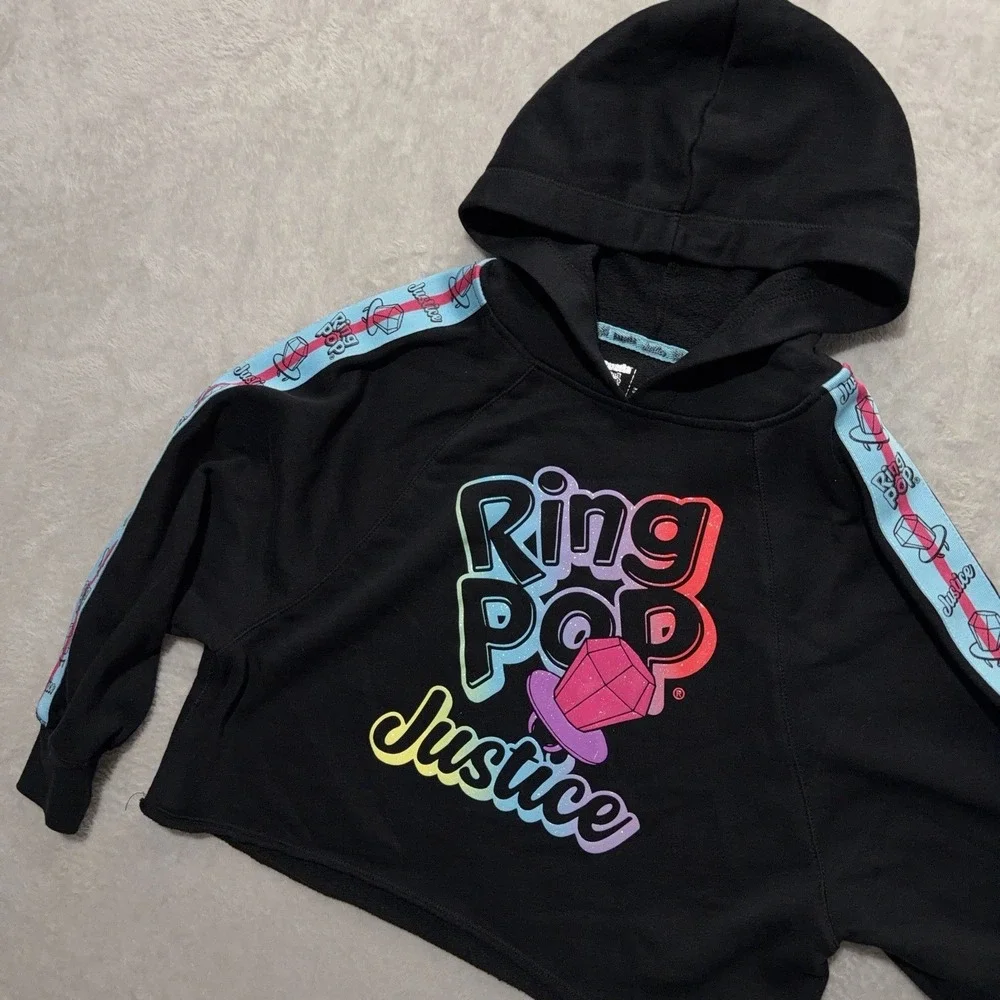 Justice Ring Pop Black Fleece Crop Hoodie Girls S 7-8 Sweatshirt Bazooka Candy